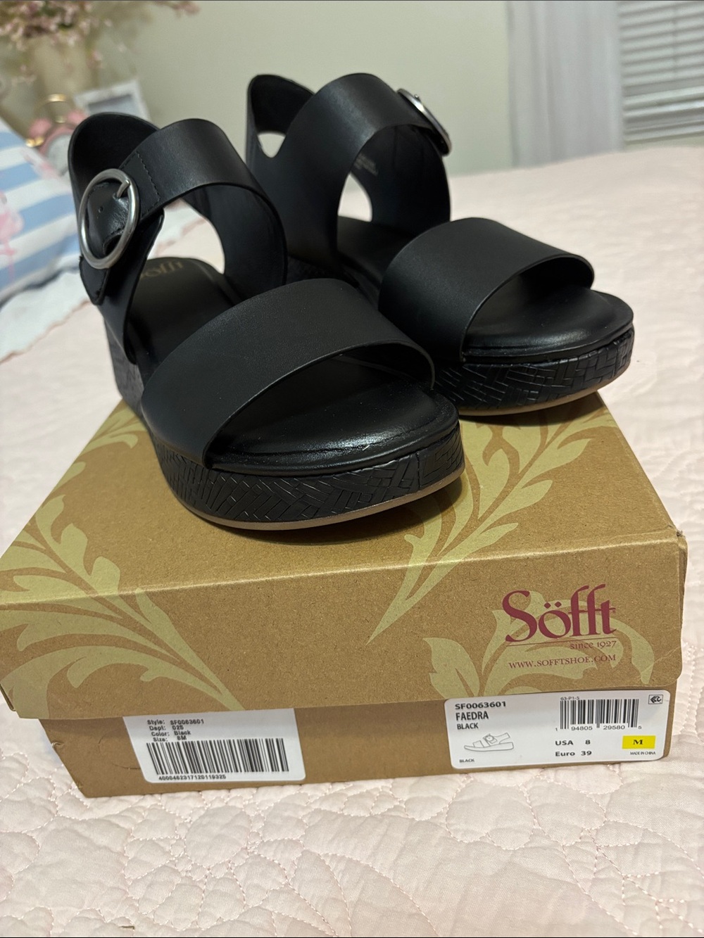Sofft Womens Faedra Black Leather Wedge Platform Slingback Sandals Shoes 8M NIB